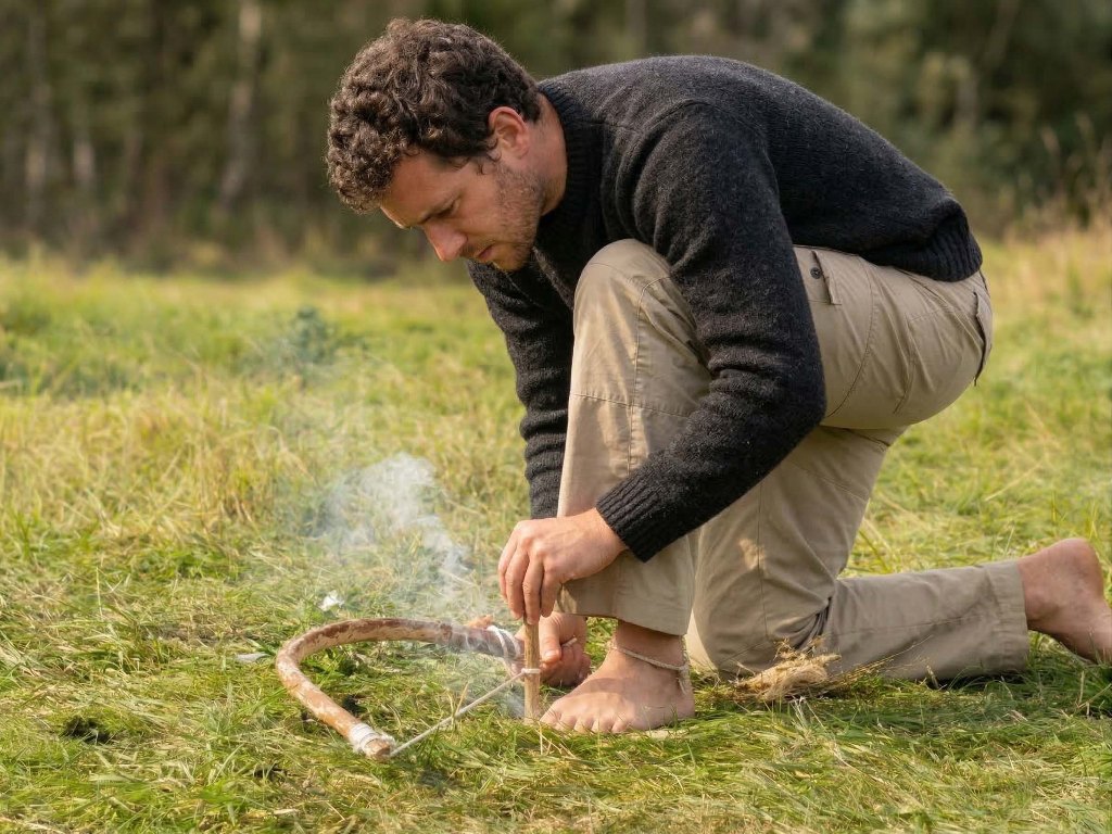 Ein Mann bohrt Feuer mit einem Feuerbohrer.