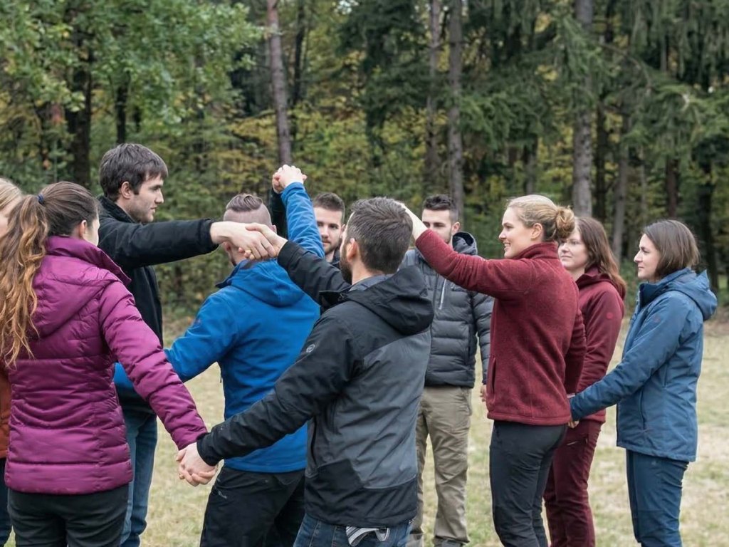Erwachsene spielen ein Teambuildingspiel in der Natur.