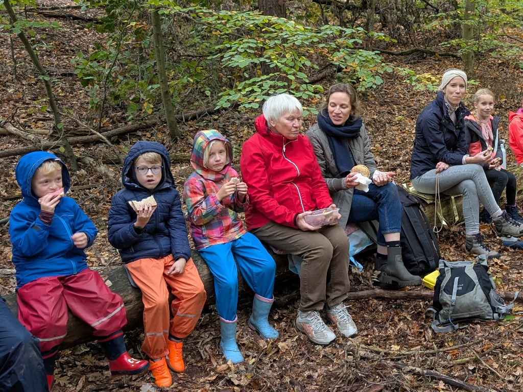Mehrere Familien picknicken beim Familienausflug im Wald.