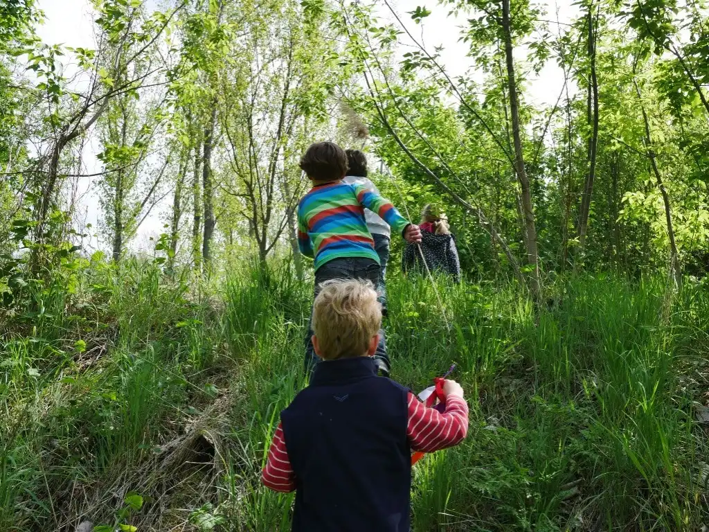 Kinder laufend spielend durchs hohe Gras.